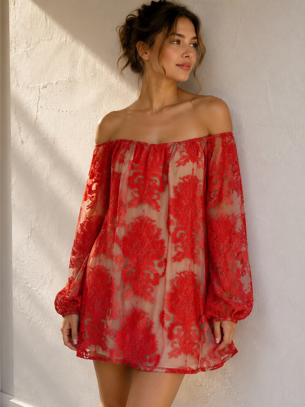 For Love & Lemons Red Embroidered Mesh Mini Dress Sheer Romantic Cottagecore S